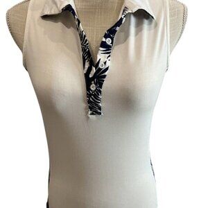 Pin Clover Womens Sleeveless Polo Shirt S White Navy Tropical Print 95% Polyeste